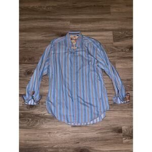 Robert Graham Shirt Mens XL Blue Striped Flip Cuff Button Front Long Sleeve